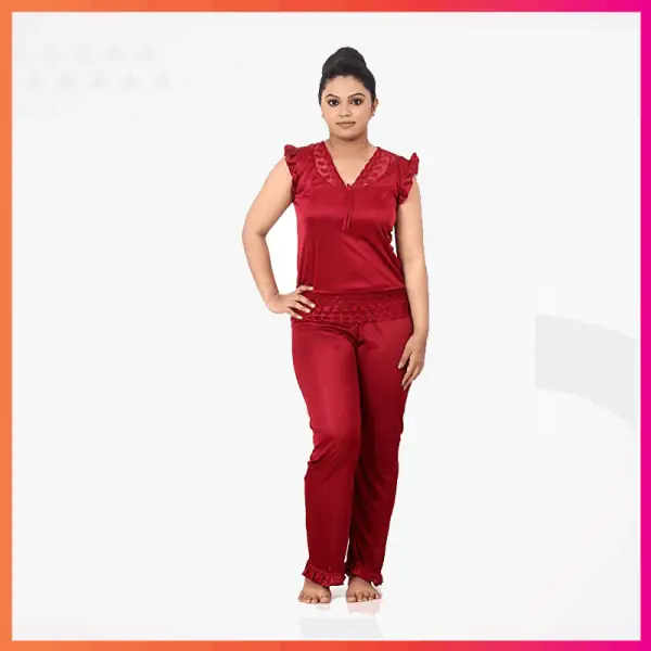 Night Dress-(Top and Pyjama) Women's Satin Comfortable Night Dress Maroon