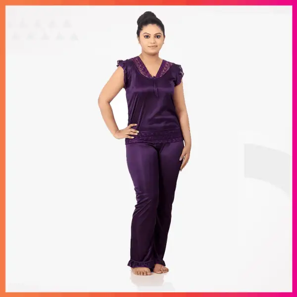 Night Dress-(Top and Pyjama) Women's Satin Comfortable Night Dress Purple
