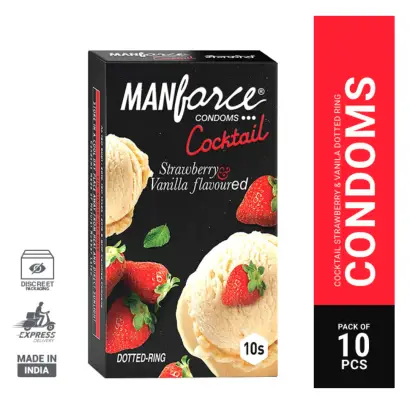 Manforce Cocktail Condom with Dotted Rings, Strawberry & Vanilla Flavoured- 10Pcs Pack(India)