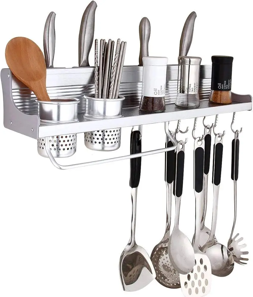 Aluminum Kitchen Storage Rack Pantry Pan Pot Organizer Cookware Holder Hooks Spice Dinnerware Shelf