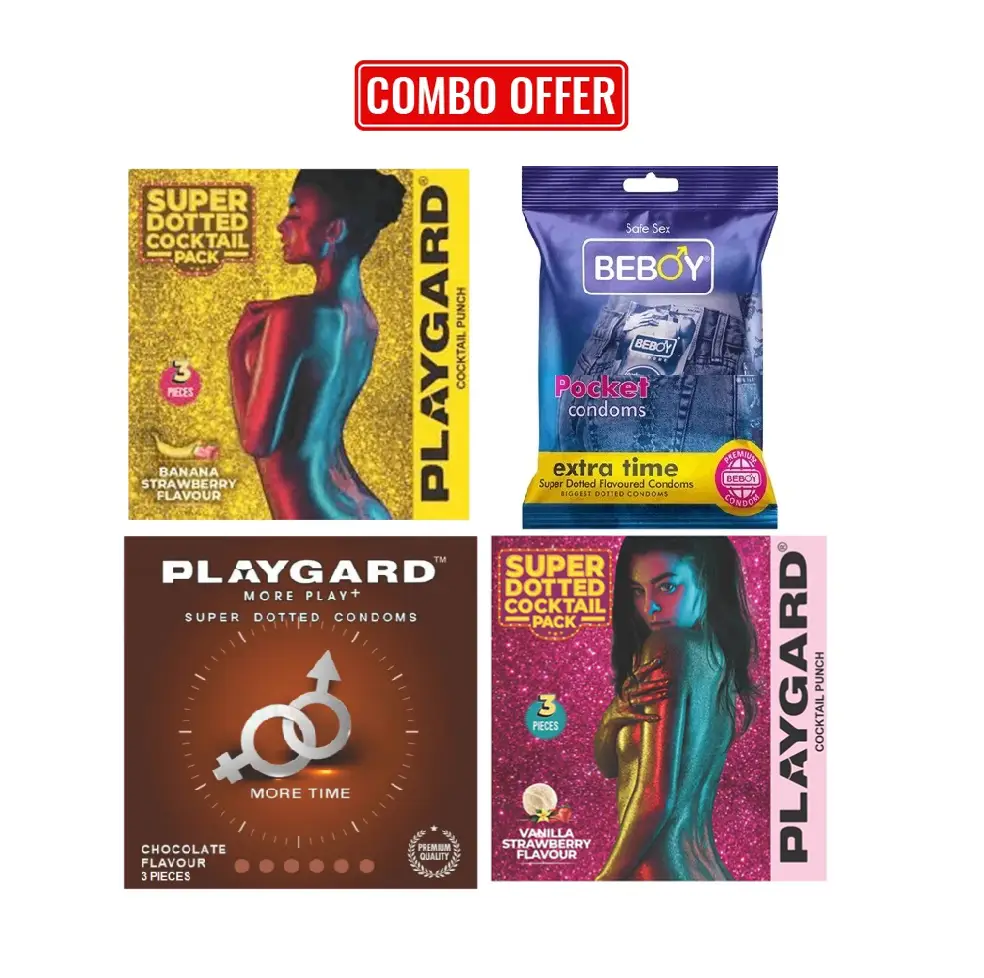 Playgard (Cocktail Combo Pack) Cocktail Vanila-Strawberry 3s, Chocolate 3s , Banana-Strawberry 3s, Beboy Extra Time 3s Super Dotted Condom - 3x4 = 12pcs Pack(India)