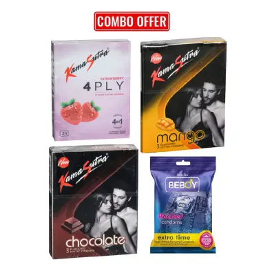 Kamasutra (Fruit Combo Pack) 4FLY Strawberry ,Mango, Chocolate, Beboy Extra Time Flavoured Condom 3x4 = 12pcs Pack(India)
