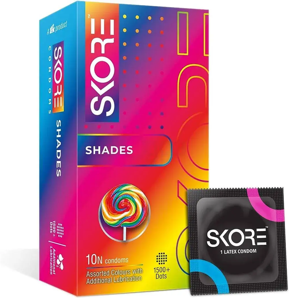 Skore Shades Assorted Colours With Lubricant 1500+ Dotted Condom - 10Pcs Pack(India)