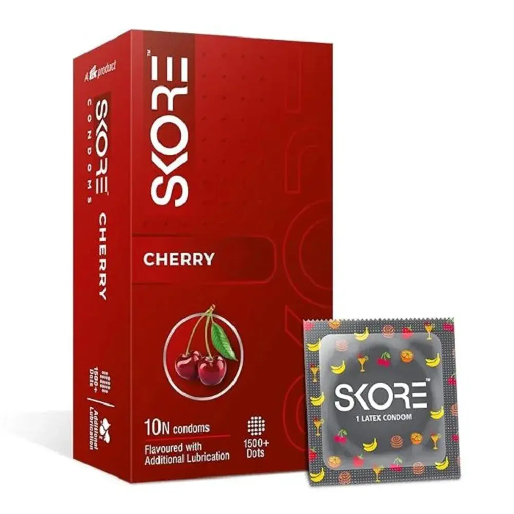 Skore Cherry Flavored 1500+ Dotted with Extra Lubrication Condom - 10Pcs Pack(India)