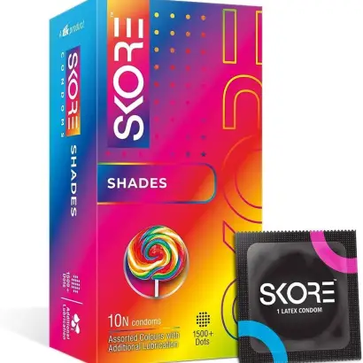 Skore Shades Assorted Colours With Lubricant 1500+ Dotted Condom - 10Pcs Pack(India)