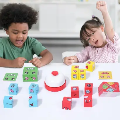 Face Changing Building Blocks Game - Match Puzzles and Expressions for Family Fun，Wood Material，with Small Bells (white-4p(64 cards-2.5cm blocks-16pcs-ring))