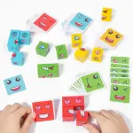 Face Changing Building Blocks Game - Match Puzzles and Expressions for Family Fun，Wood Material，with Small Bells (white-4p(64 cards-2.5cm blocks-16pcs-ring))