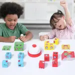 Face Changing Building Blocks Game - Match Puzzles and Expressions for Family Fun，Wood Material，with Small Bells (white-4p(64 cards-2.5cm blocks-16pcs-ring))