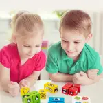 Face Changing Building Blocks Game - Match Puzzles and Expressions for Family Fun，Wood Material，with Small Bells (white-4p(64 cards-2.5cm blocks-16pcs-ring))