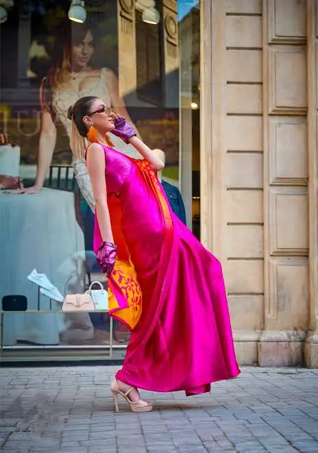 Pink and orange print satin silk saree