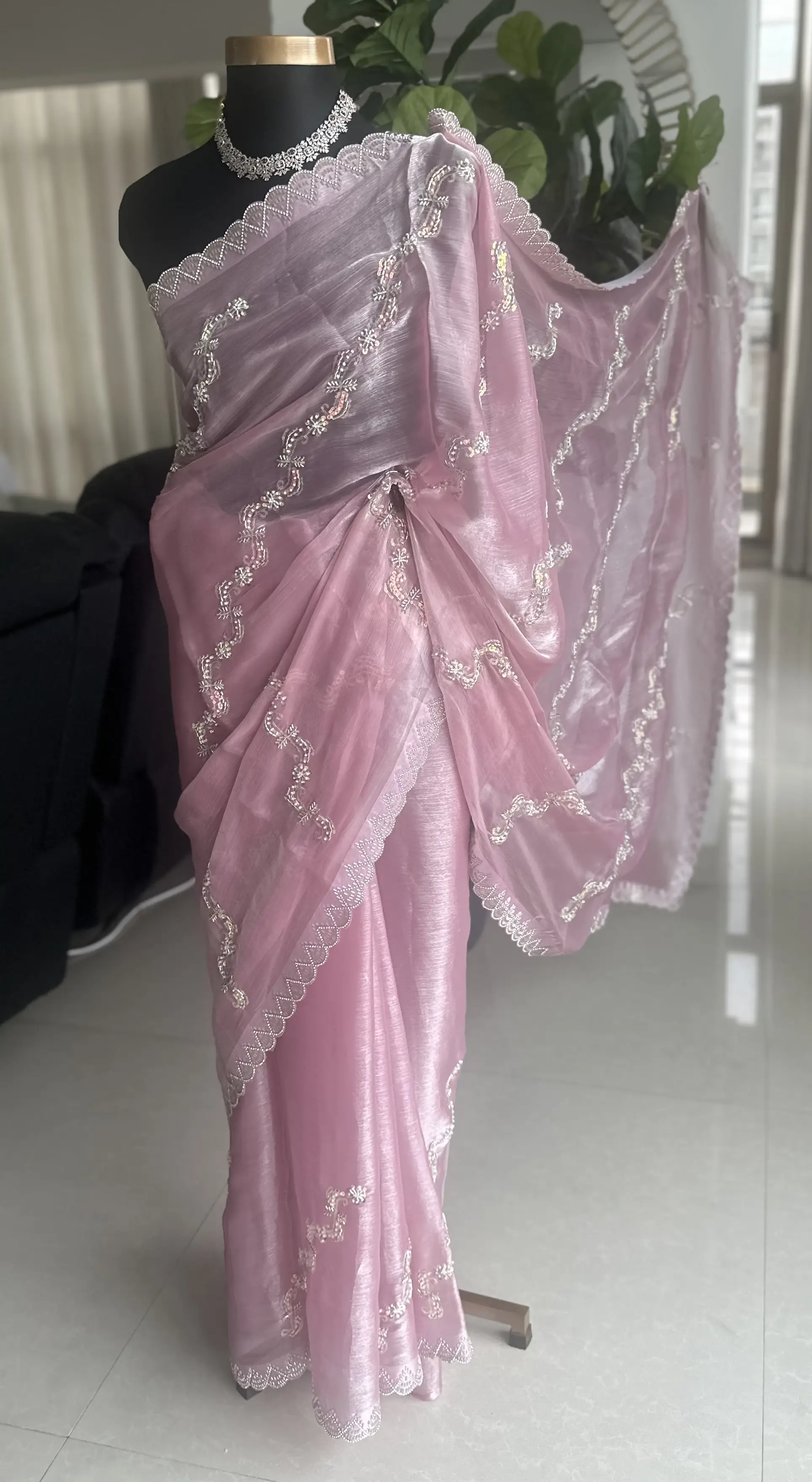 Pink shimmery organza saree