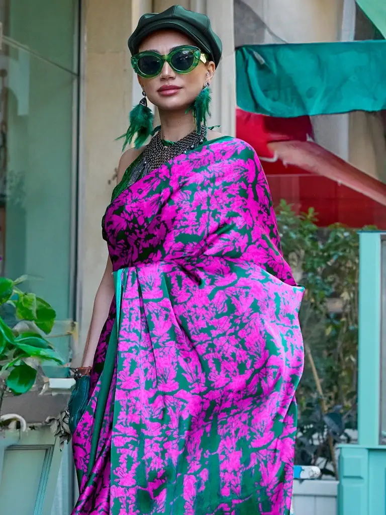 Magenta & pink modern satin silk crepe saree