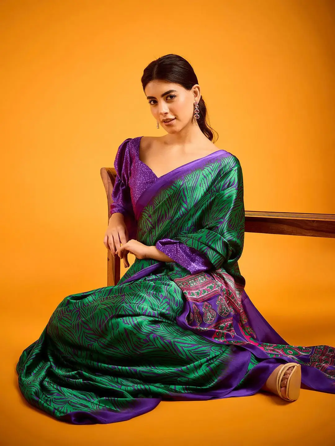 Peacock Blue And Green Satin Crepe Printed Saree