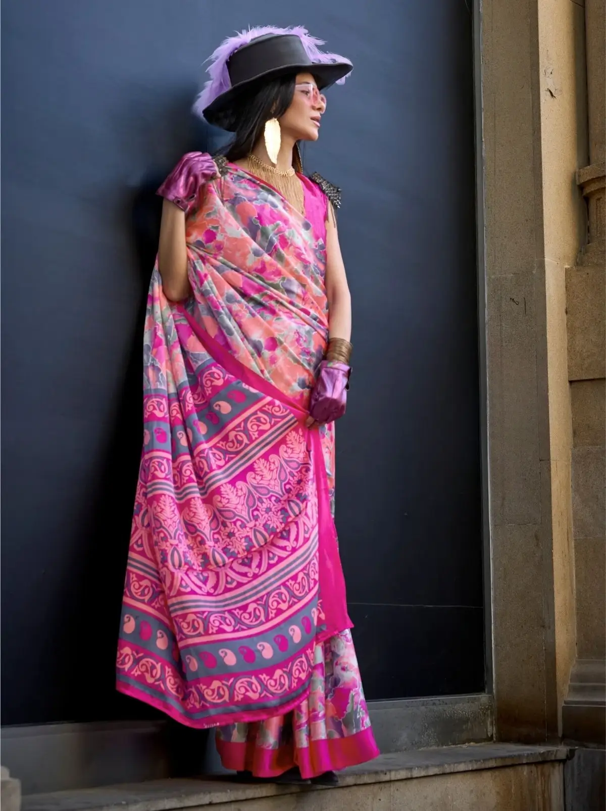 Peach & pink contemporary printed satin silk saree