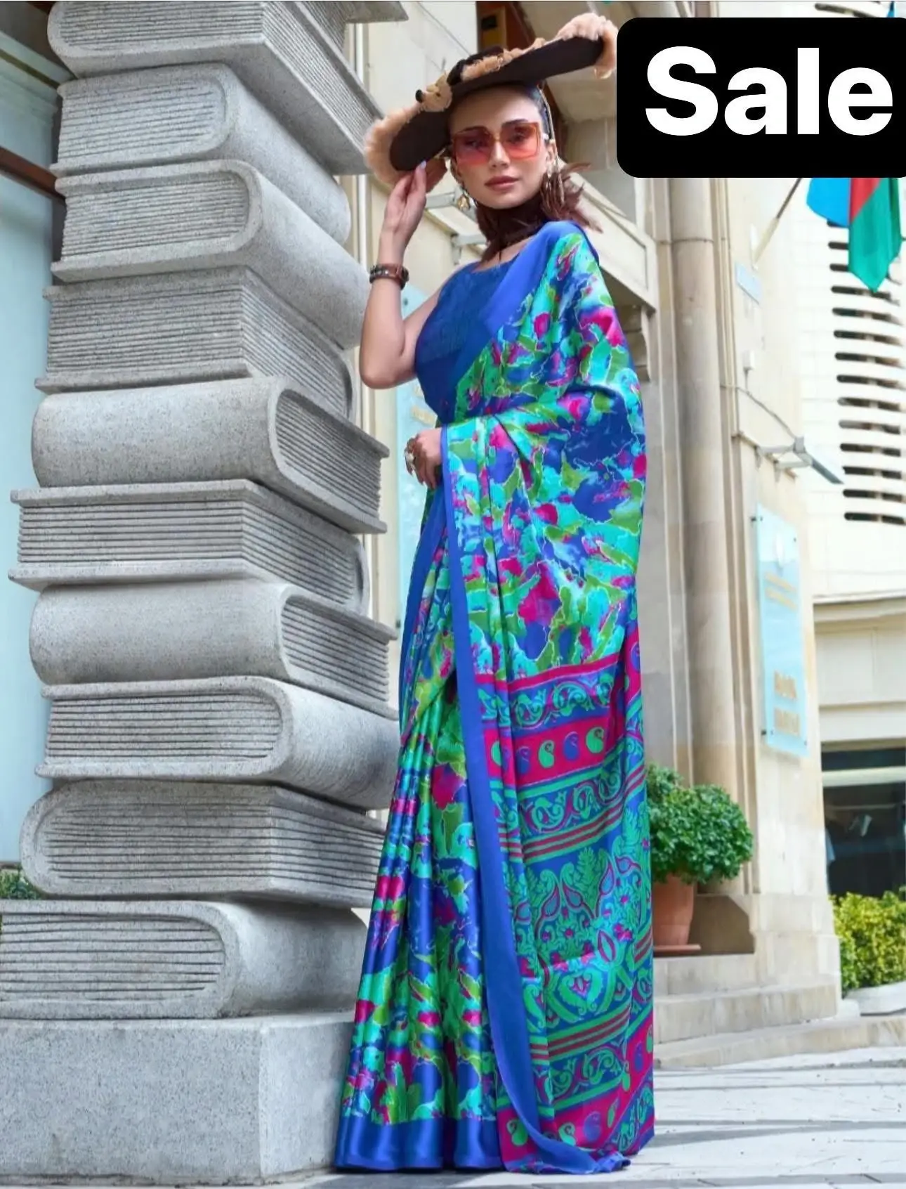 Blue and Neon Green satin crepe silk saree