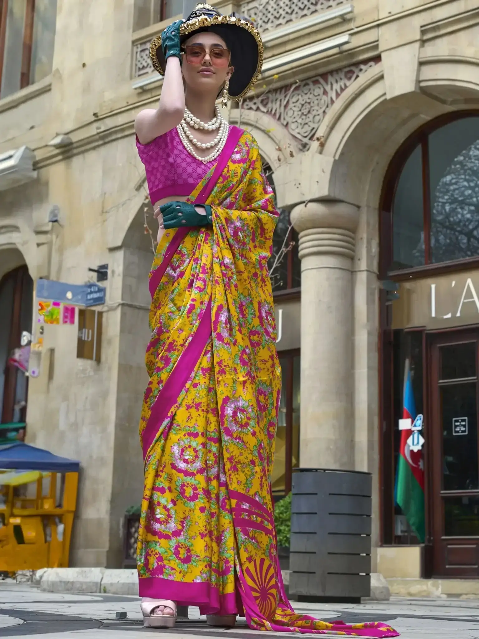 Yellow and pink contemporary printed satin saree