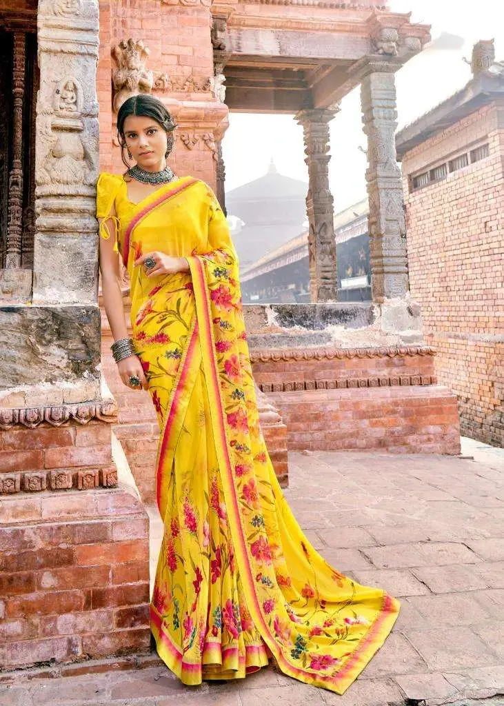 Yellow digital printed floral weightless georgette saree
