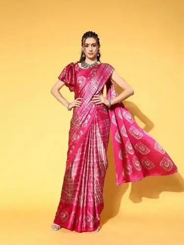 Pink Tie & Dye Designer Pure Satin Silk Saree