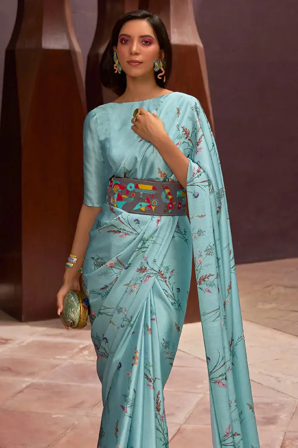 Blue satin crepe silk saree
