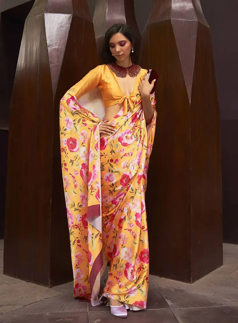 Crepe Satin Digital Print Yellow Saree