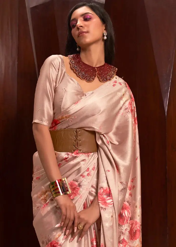 Brown floral printed satin silk crepe saree