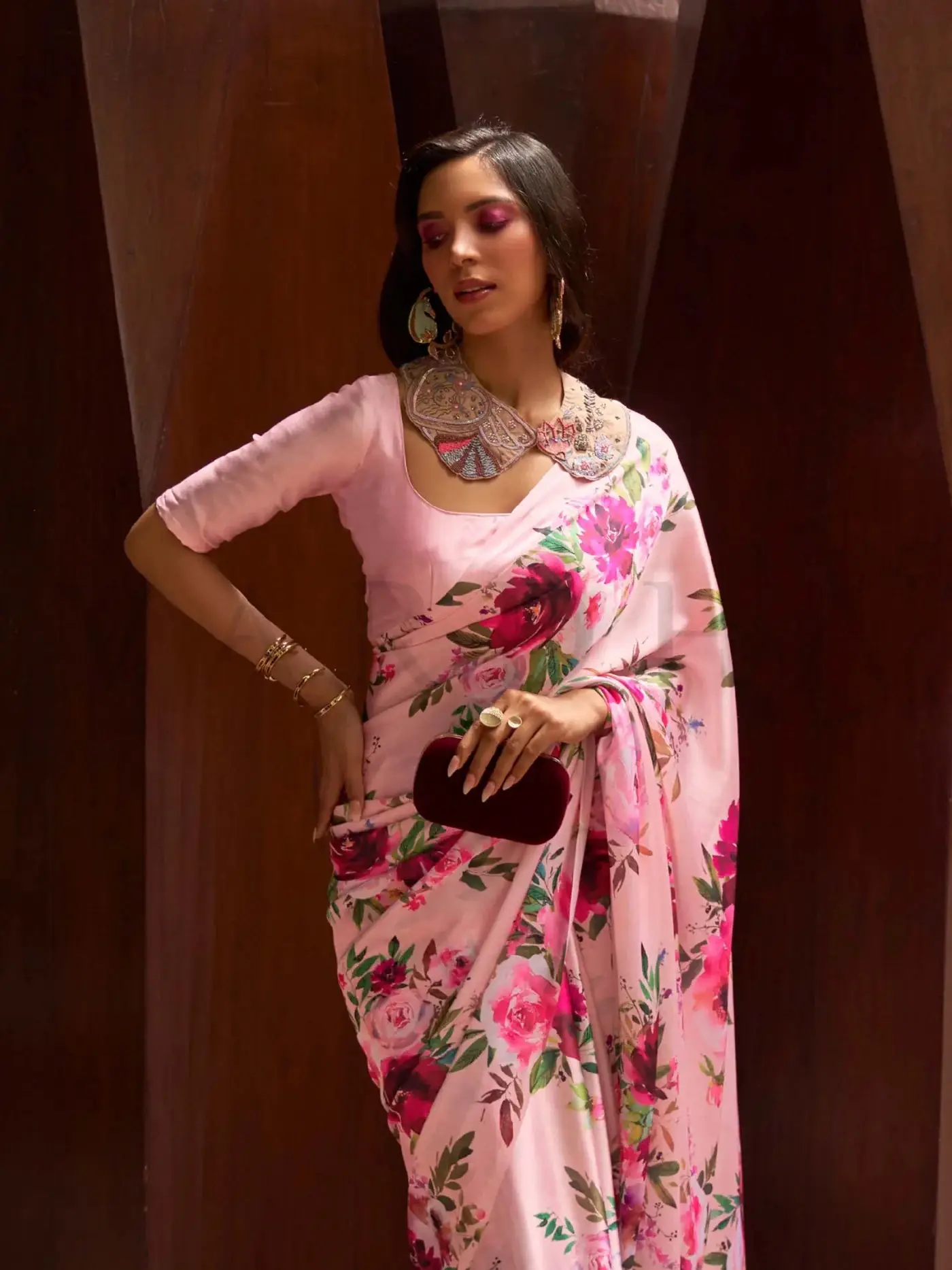 Baby pink digital printed floral satin silk saree