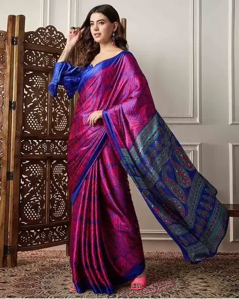 Carmine Pink And Blue Satin Crepe Printed Saree