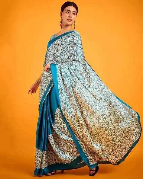 Teal satin crepe saree