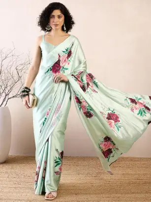 Beautiful Light Green Floral Printed Satin Saree