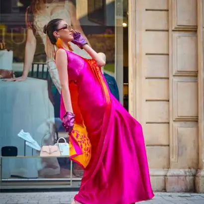 Pink and orange print satin silk saree