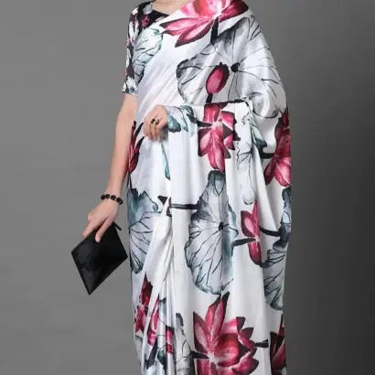 White satin crepe silk saree with floral pattern