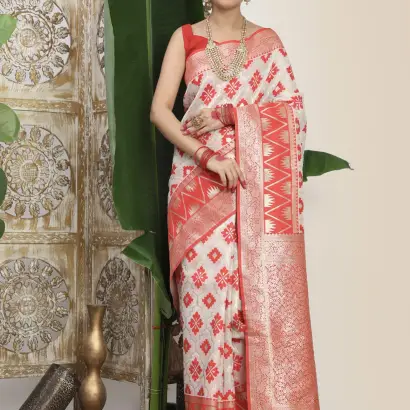 White & Red Linen Cotton Saree