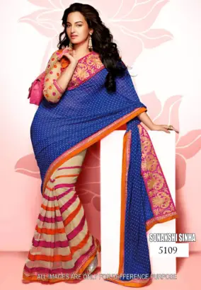 Blue, orange & pink embroidered georgette saree