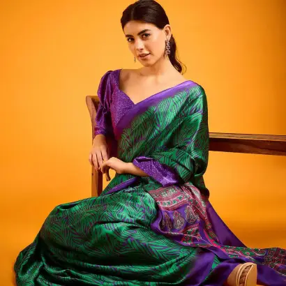 Peacock Blue And Green Satin Crepe Printed Saree