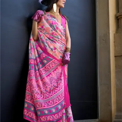 Peach & pink contemporary printed satin silk saree