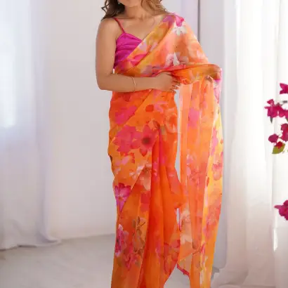 Orange Organza Saree With Floral Printed Work