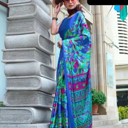 Blue and Neon Green satin crepe silk saree