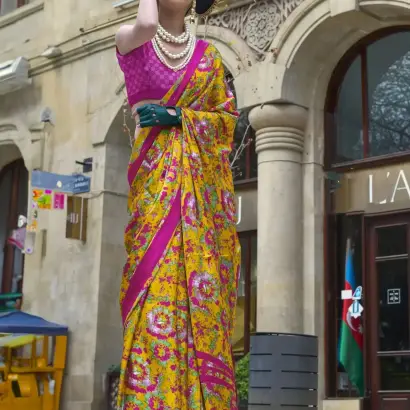 Yellow and pink contemporary printed satin saree