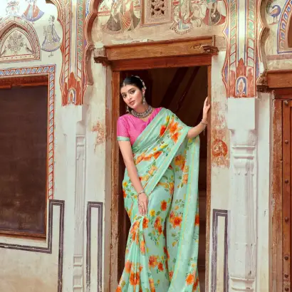 Sea green floral printed Zari saree