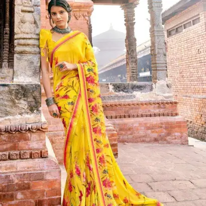 Yellow digital printed floral weightless georgette saree
