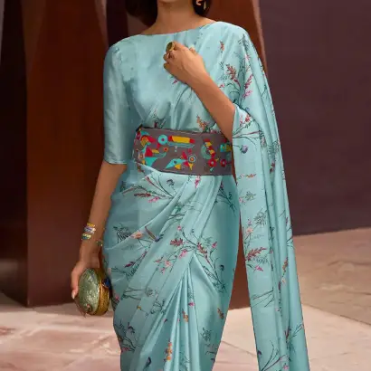 Blue satin crepe silk saree