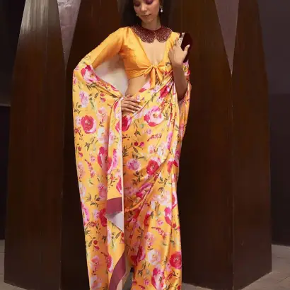 Crepe Satin Digital Print Yellow Saree