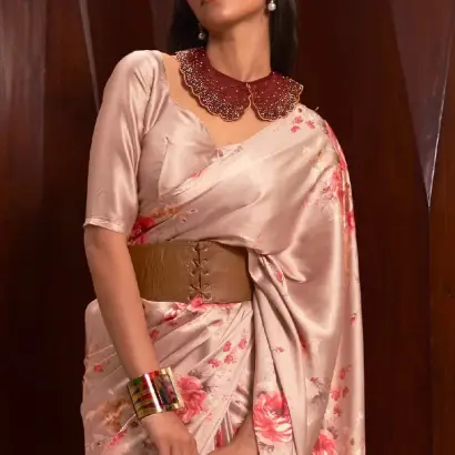 Brown floral printed satin silk crepe saree