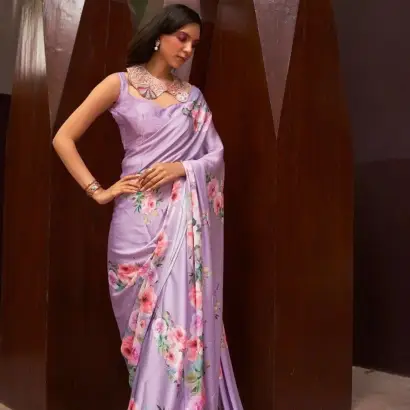 Light purple floral printed satin crepe silk saree