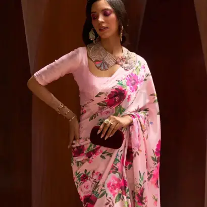 Baby pink digital printed floral satin silk saree