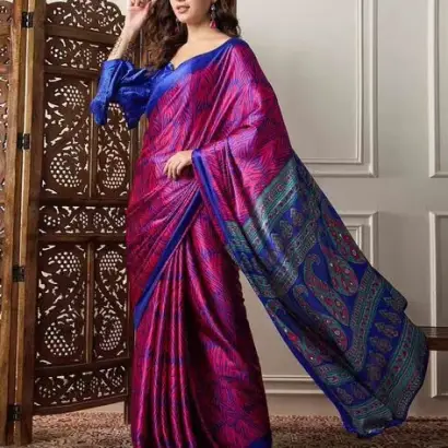 Carmine Pink And Blue Satin Crepe Printed Saree