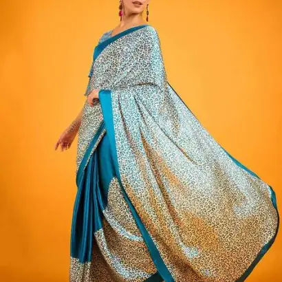 Teal satin crepe saree