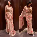 Brown floral printed satin silk crepe saree