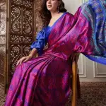 Carmine Pink And Blue Satin Crepe Printed Saree