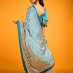 Teal satin crepe saree